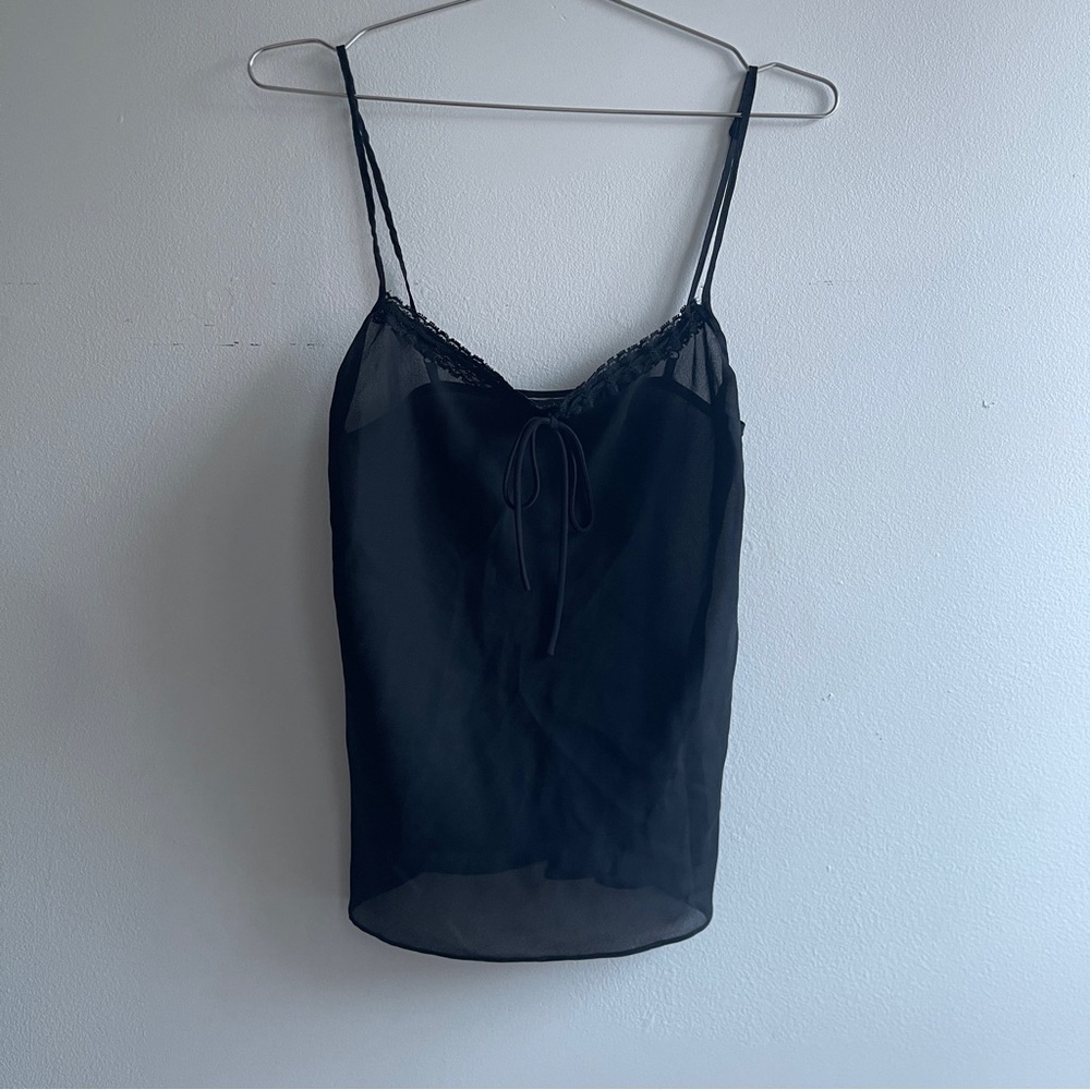 Black Sheer Bias Cut Babydoll Camisole Top with Lace and Bow